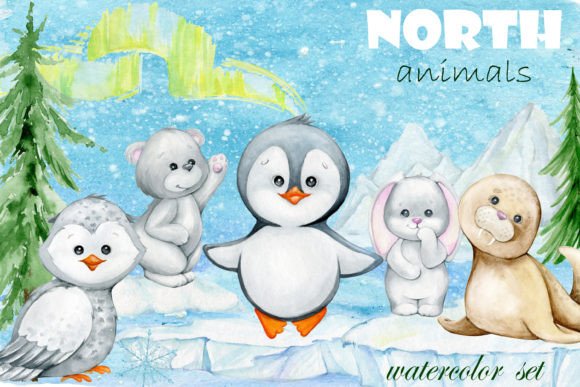 Arctic Animal Watercolor Clipart, Winter Illustrations for Cozy Handmade Crafts