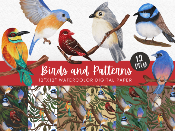Birds and Patterns Watercolor Digital Illustrations