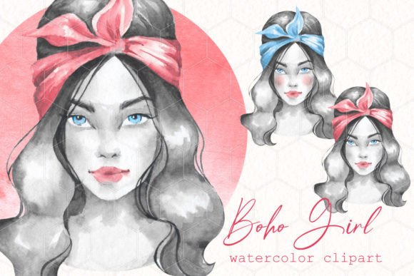 Boho Girl Watercolor Clipart & Illustrations