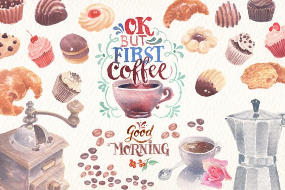 Coffee and Breakfast Watercolor Clipart & Illustrations