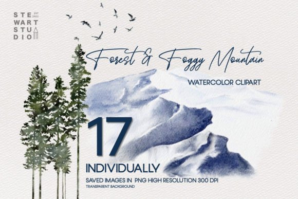 Forest and Foggy Mountain Watercolor Illustrations