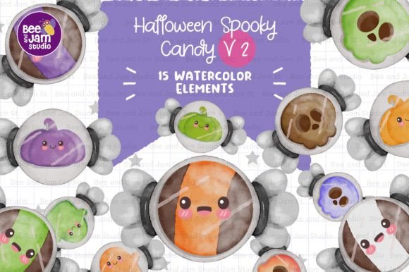 Halloween Spooky Candy Watercolor V2 PNG Illustrations