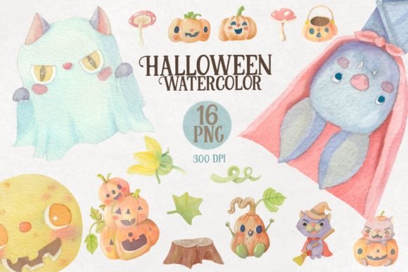Halloween Watercolor Sublimation Clipart & Illustrations
