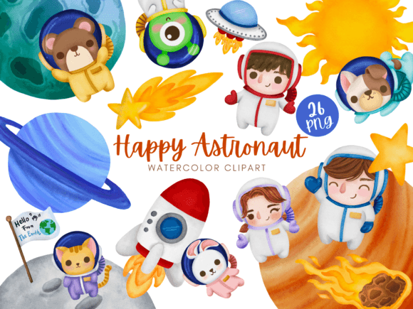 Happy Astronaut Watercolor Clipart PNG & Illustrations