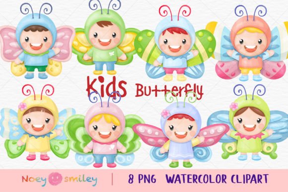 Kid Wearing Butterfly Watercolor Clipart for Real Crafting & Handmade Business Use