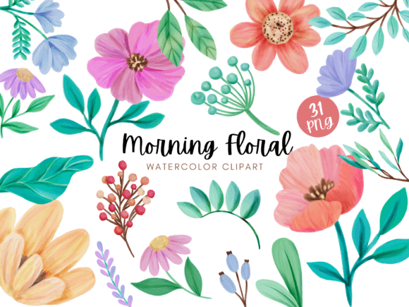 Morning Floral Watercolor Clipart Pastel Illustrations