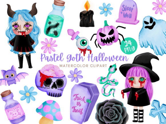 Pastel Goth Halloween Watercolor Clipart