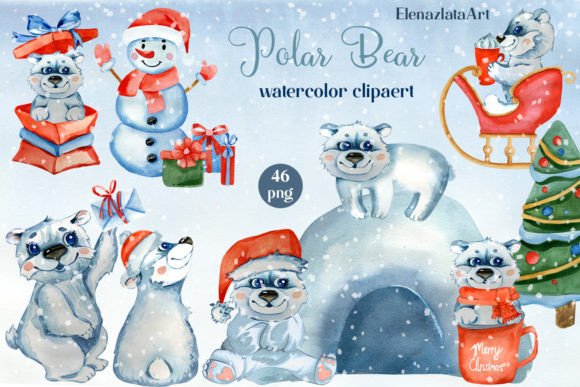 Polar Bear Watercolor Clipart & Illustrations