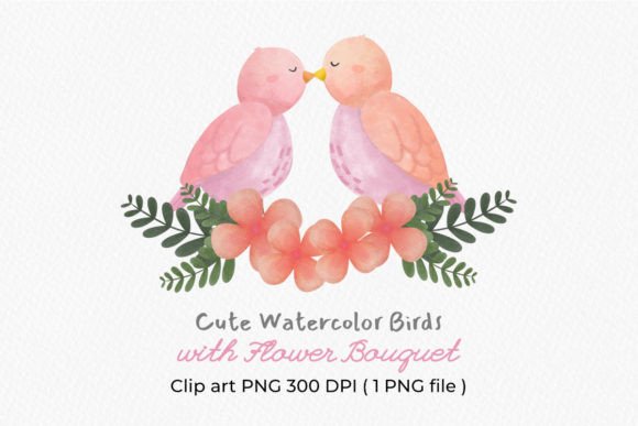 Two Watercolor Pink Birds with a Bouquet Illustrations