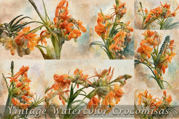 Vintage Watercolor Crosomia Flowers Illustrations
