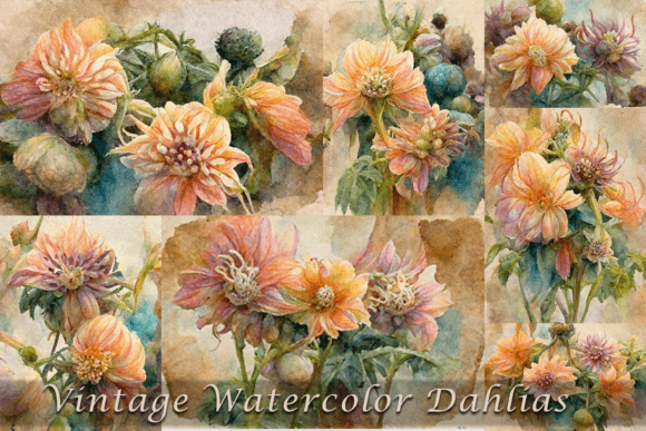 Vintage Watercolor Dahilia Flowers & Illustrations