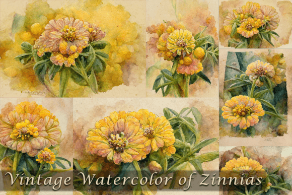 Vintage Watercolor Zinnia Flower Illustrations