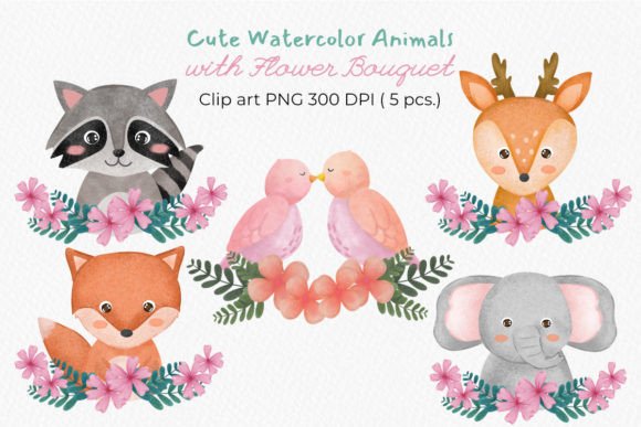 Watercolor Adorable Animals with Flower Illustrations