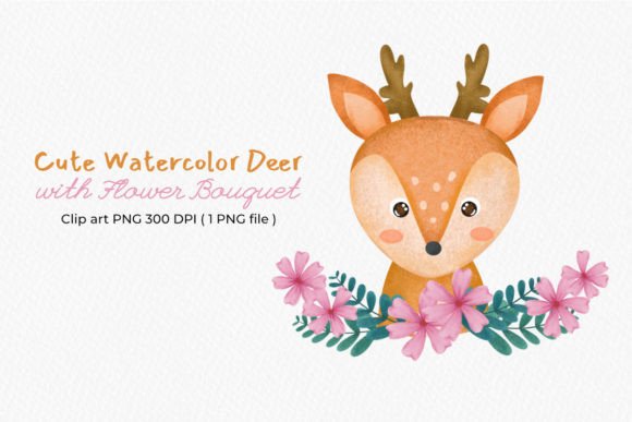 Watercolor Baby Deer with Flower Bouquet Illustrations