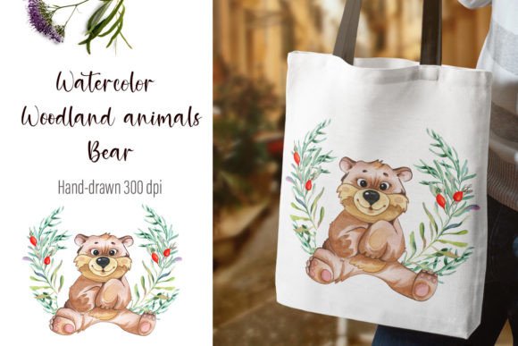 Watercolor Bear and Wreath PNG Illustrations