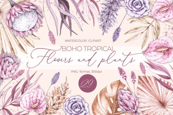Watercolor Boho Tropical Flowers PNG Illustrations