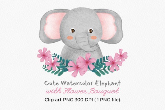 Watercolor Elephant with Flower Bouquet Illustrations