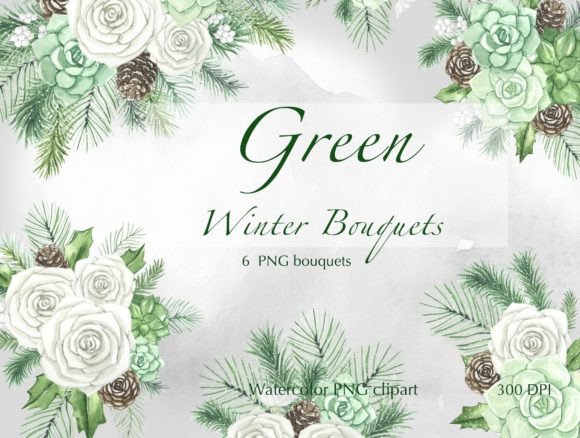 Watercolor Green Winter Bouquets Illustrations