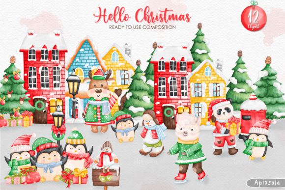 Watercolor Hello Christmas Animal Set: Festive Illustrations for Brand Storytelling