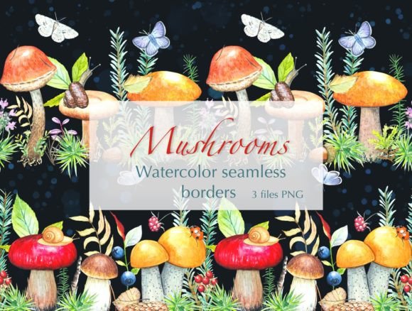 Watercolor Mushroom Borders & Illustrations
