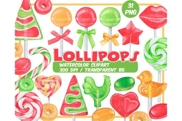 Watercolor Sweet Lollipops Clipart Set & Illustrations