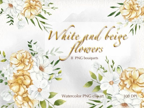 Watercolor White and Beige Flowers Illustrations for Digital Sellers