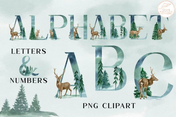 Winter Forest Alphabet Watercolor PNG Illustrations